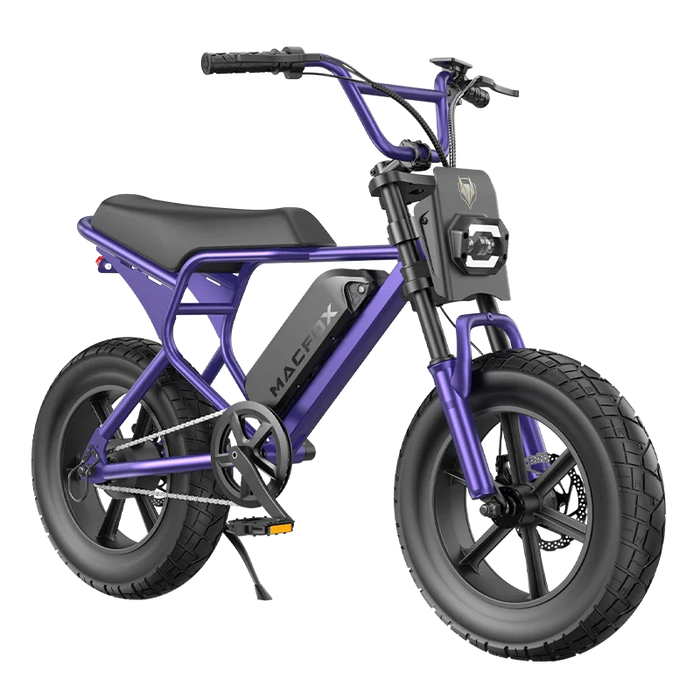 Purple Macfox M16 eBike side view, displayed against a white background.