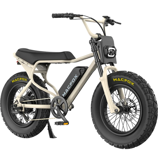 Desert beige Macfox X7 ebike with single battery, shown from the side against a plain background.