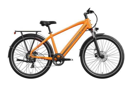 Orange Mokwheel Asphalt eBike side view, showcasing frame design, wheels, and handlebars against a plain background.