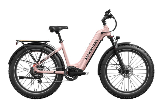 Mokwheel Basalt 2.0 Step Thru eBike in Crystal Pink, side view, against a white background