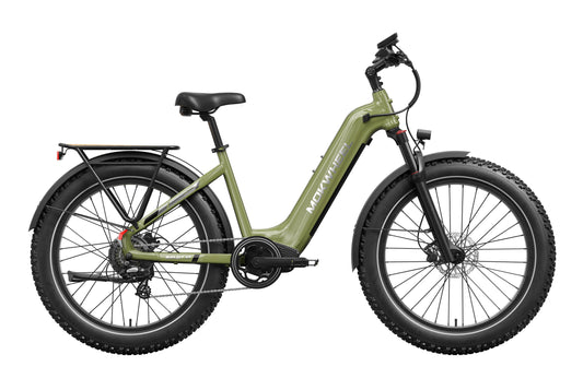 Olive green Mokwheel Basalt 2.0 Step Thru eBike, side view, against a plain background