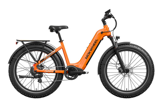 Orange Mokwheel Basalt 2.0 Step-Thru eBike, side view, against a white background