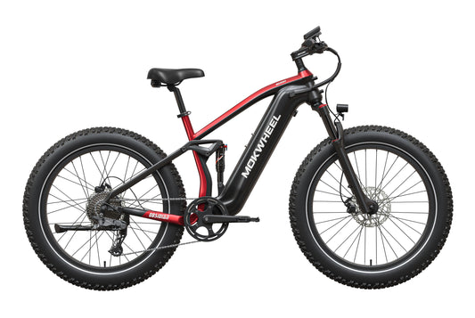 Black and red Mokwheel Obsidian 2.0 Step Over eBike, side view, against a plain background
