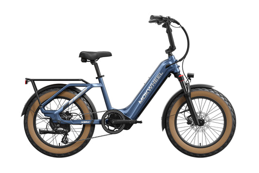 Dark blue Mokwheel Scoria 2.0 electric bike, side view, against a plain background