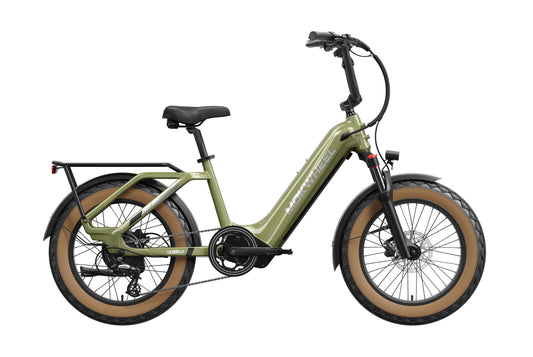 Olive green Mokwheel Scoria 2.0 eBike side view with step-through frame and rear cargo rack