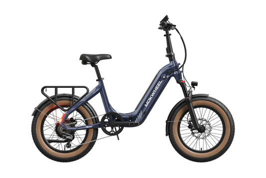 Mokwheel Slate eBike in Denim color, side view, showcasing frame design, wheels, and battery placement