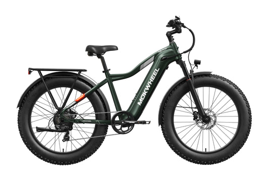 Green Mokwheel Tor Plus eBike side view, showcasing sturdy frame, thick tires, and integrated battery.