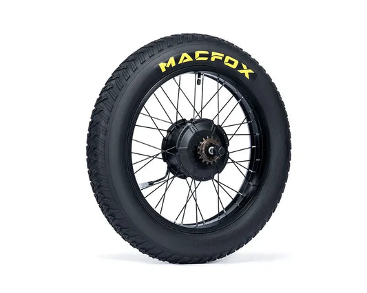 Macfox X1S eBike motor with attached wheel and rim, product image on white background