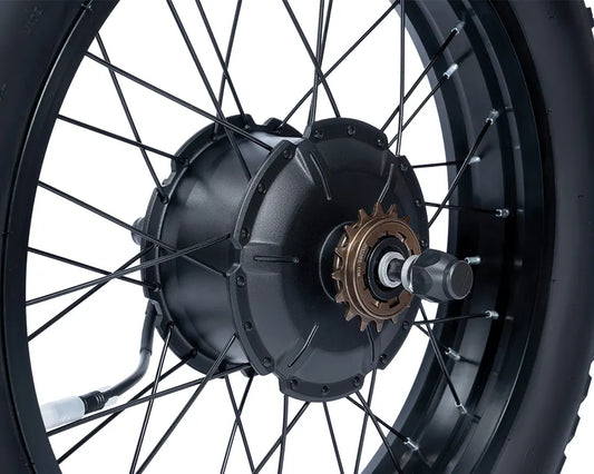 Macfox X1S eBike motor with attached wheel and rim, side view, isolated on white background