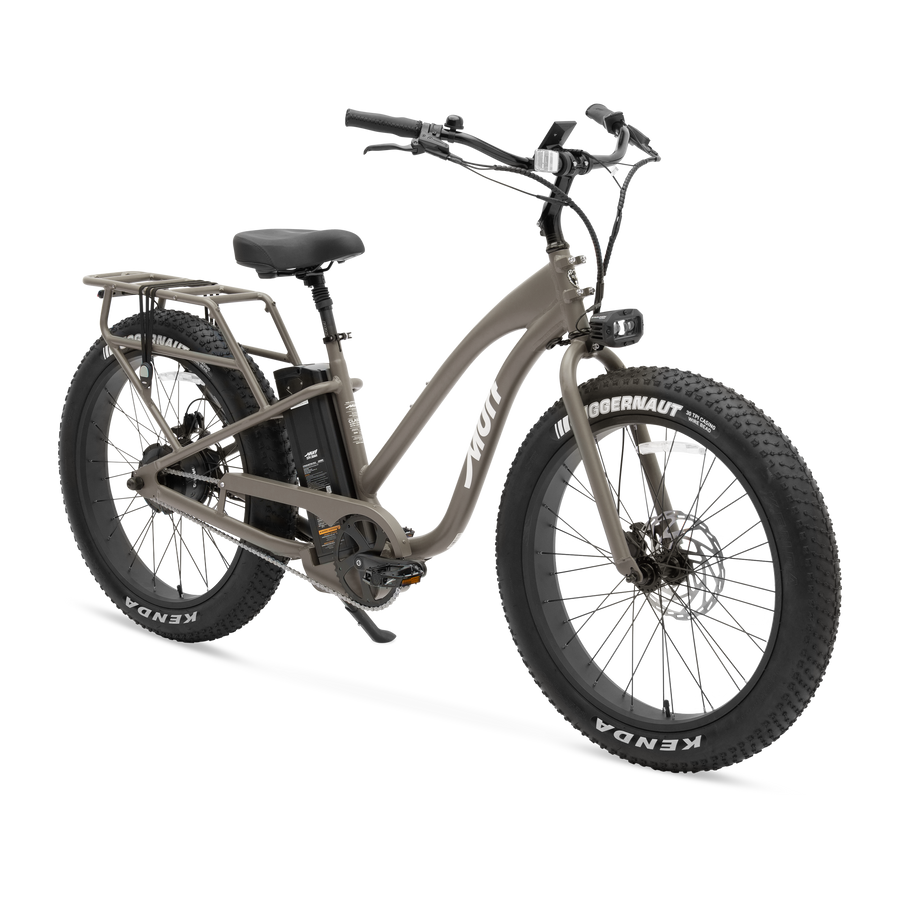 Side view of the Murf Alpha ST eBike in Stone color, showcasing its step-through frame, wide tires, and minimalist design against a plain background.