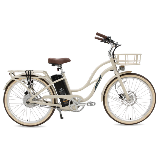 Side view of the Murf Gigi 2.0 eBike in Bone color, showcasing its step-through frame, wide tires, and minimalist design against a plain background.