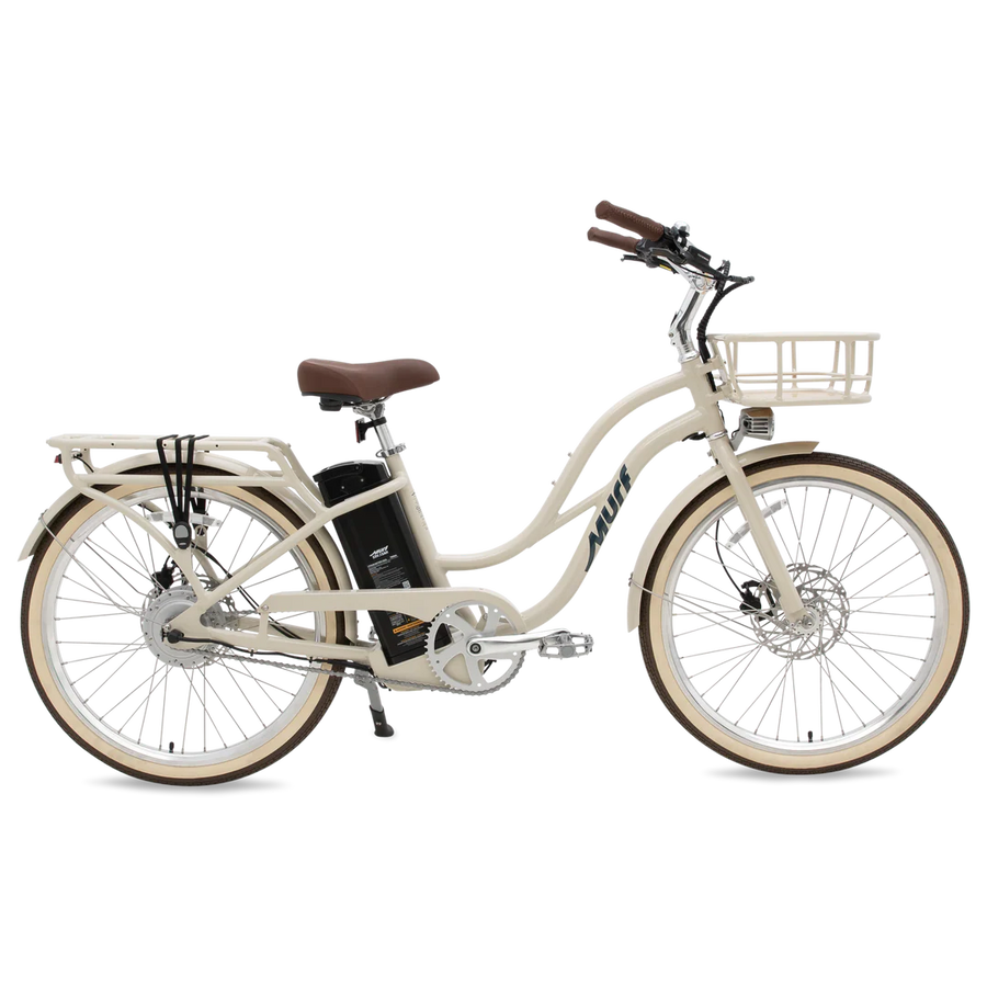 Side view of the Murf Gigi 2.0 eBike in Bone color, showcasing its step-through frame, wide tires, and minimalist design against a plain background.