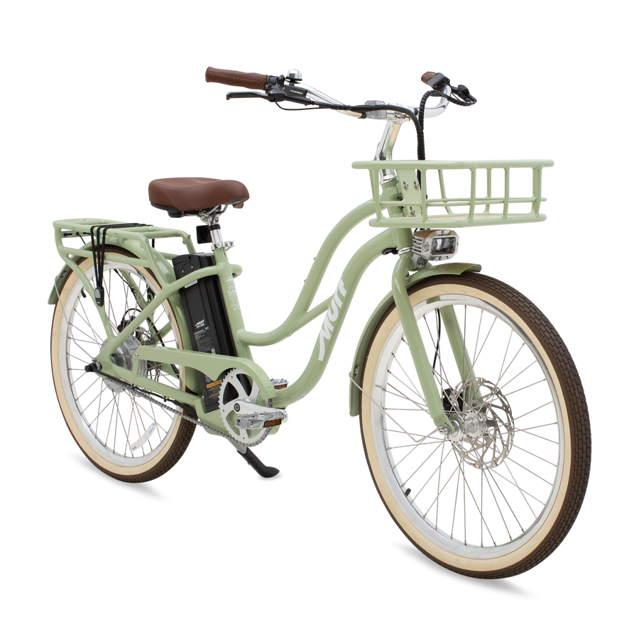 Sage green Murf Gigi eBike side view with step-through frame, wide tires, and rear rack, displayed on a white background.