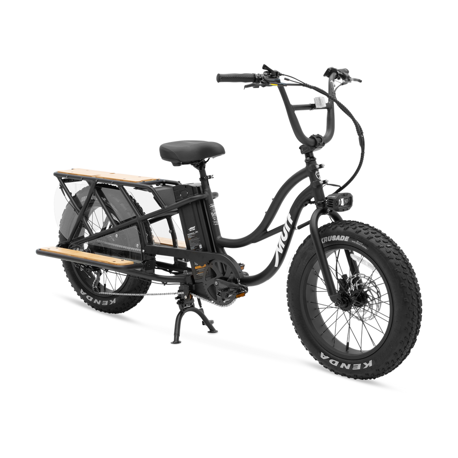 Obsidian Black Murf Higgs Cargo eBike side view with cargo rack, photographed against a plain background