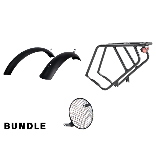 Black metal rear rack mounted on a Revi Cheetah electric bike, shown from a side angle against a white background.