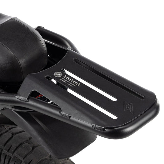 Side view of a Super73 R-Series electric bike equipped with a black rear rack mounted above the back wheel.