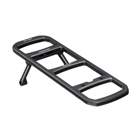 Black modular rear rack attached to the back of a Velotric Summit 2 eBike, shown from a side angle on a white background.