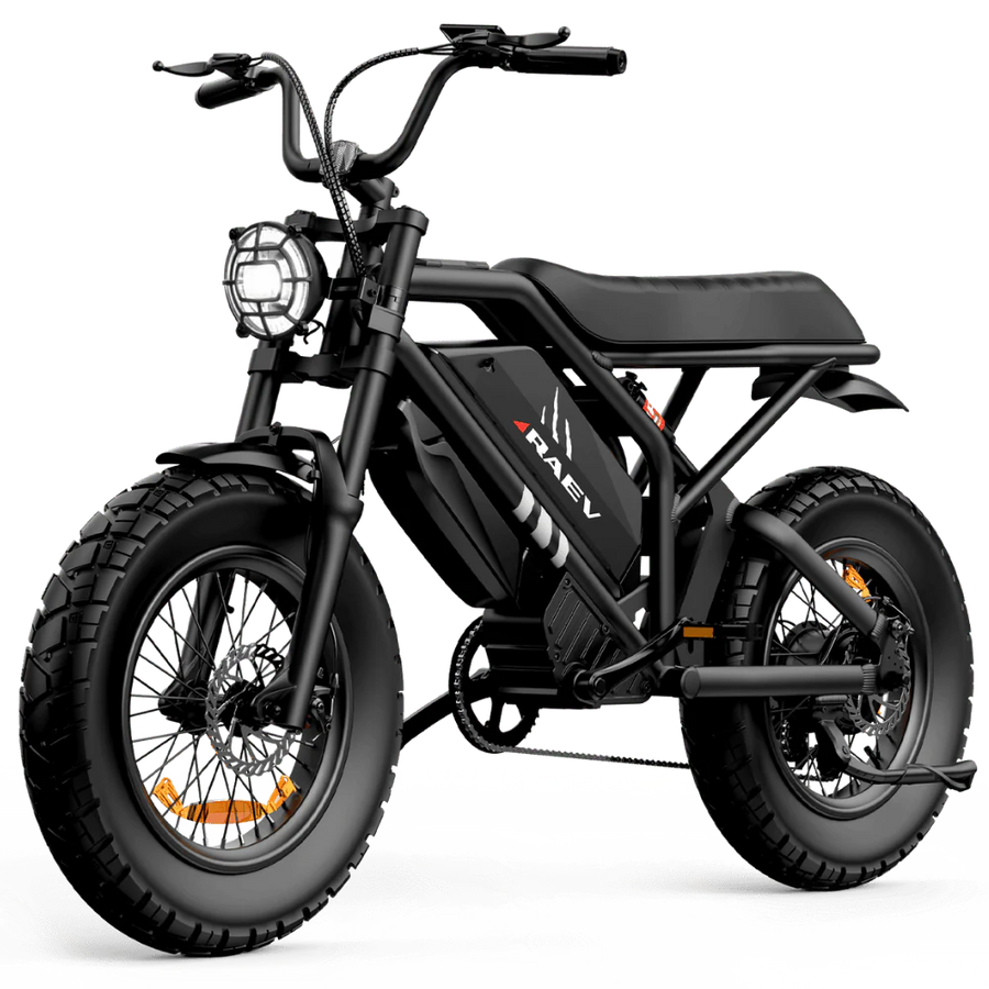 Metallic black Raev Bullet GTX eBike side view, showcasing sleek frame design and thick tires