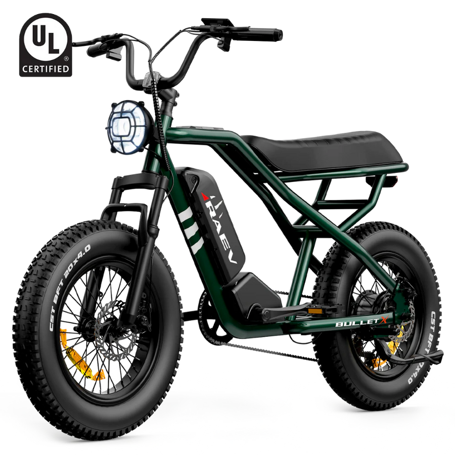 Metallic green Raev Bullet X eBike side view with black tires and sleek frame design