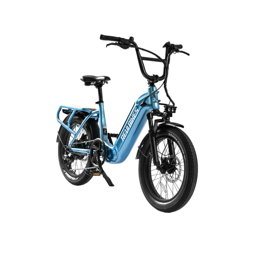 Water blue eBike Revi Runabout.2 electric bicycle side view with black tires and silver accents