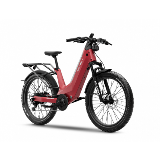 Red Segway Xafari eBike side view, showcasing its sleek frame, thick tires, and integrated battery against a plain background.