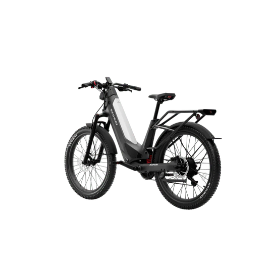 Silver Segway Xafari eBike side view, showcasing sleek frame design and large tires