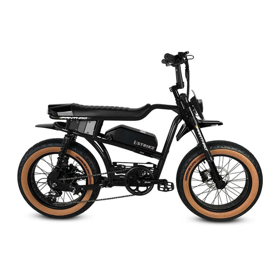 Black eBike Strike Panthro electric bicycle, side view, against a plain background