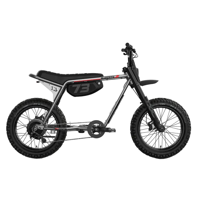 Super73 Z Adventure Series eBike in Metallic Aluminum, side view, showcasing rugged frame and off-road tires