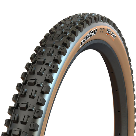 29-inch Maxxis Assegai eBike tire with tan sidewall, size 29x2.50, shown from a side angle against a white background