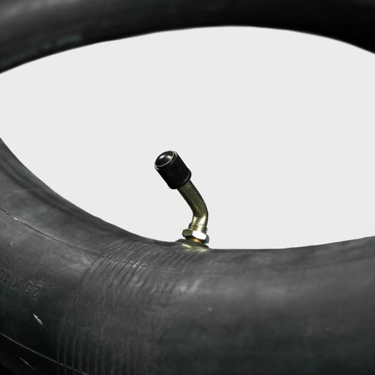 A black Super73 eBike inner tube for 20x4/4.5/5 inch tires, displayed coiled with a valve stem visible.