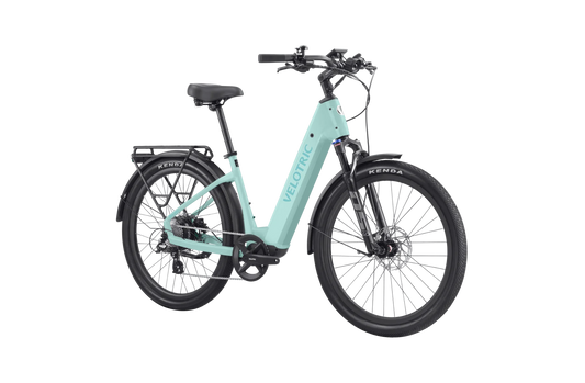 Velotric Discover 2 electric bike in mint green color, side view, displayed on a white background.