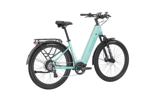 Velotric Discover 2 electric bike in mint green, side view, displayed on a white background