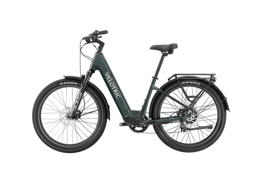 Velotric Discover 2 electric bike in Pine Green, side view, showcasing frame, wheels, and battery