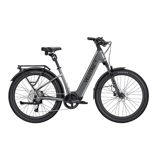 Stone gray Velotric Discover 3 electric bike side view against a white background