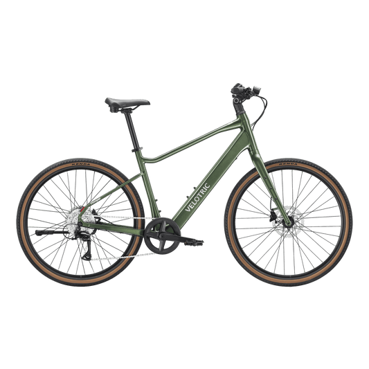 Velotric Tempo High Step eBike in Forest Evergreen color, side view, displayed outdoors