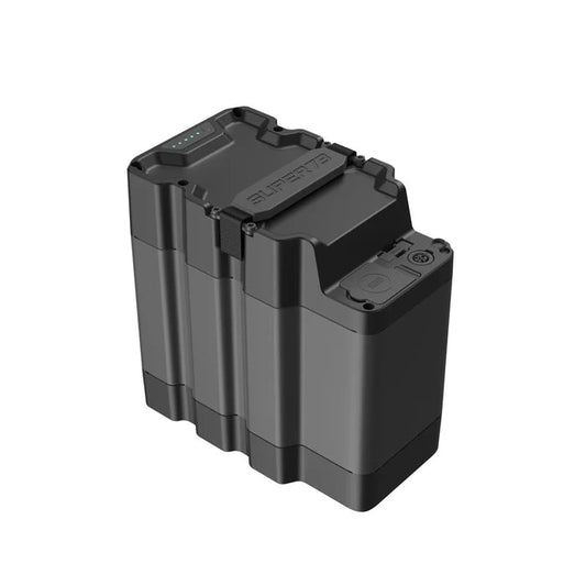 Super73 A-Series 3P e-bike battery, black rectangular casing with visible connector ports, displayed on a white background