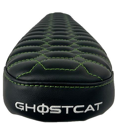 eMOTO eBike seat in MOTO style, GhostCat green and black color, product image showing black seat with green accents