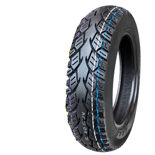 eMOTO Tire 12-inch, size 3.00-12, black off-road motorcycle tire with tread pattern, product image on white background