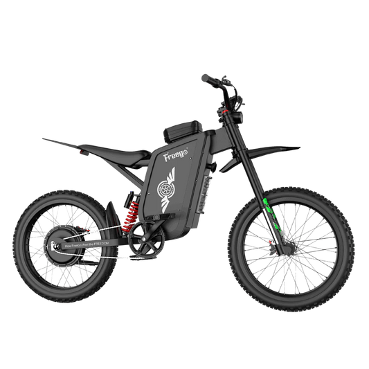 Side view of the eMOTO Freego X3 electric scooter showing its black frame, wide deck, large tires, and rear suspension system.