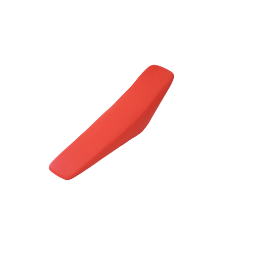 Red eMOTO Yozma IN 10 stock motorcycle seat, side view, on a plain background