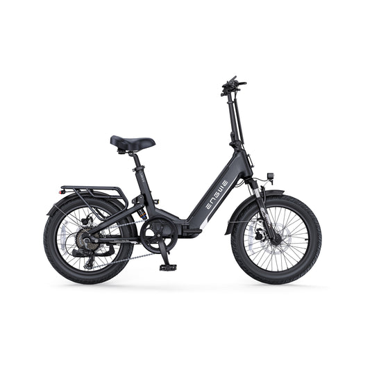 Black ENGWE L20 3.0 electric bike side view, showcasing its sturdy frame, front basket, and fat tires against a plain background.