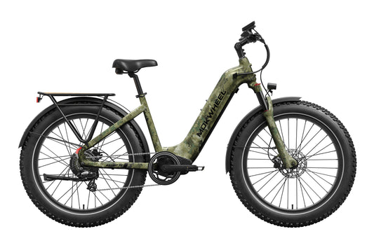 Mokwheel Basalt 2.0 Step Thru eBike in Jungle Camo color, side view, against a white background