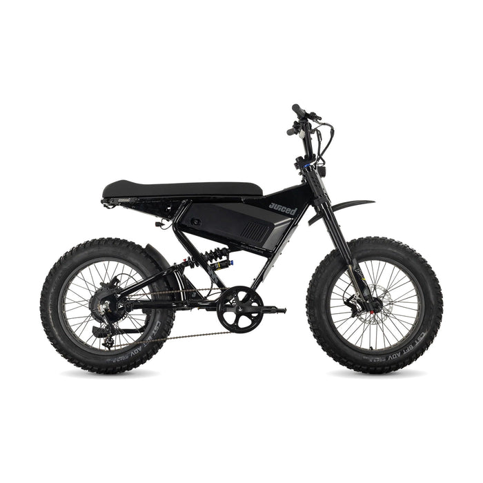 Juiced Scrambler full suspension electric bike with single battery in blackberry color, side view on white background