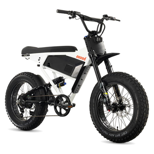 Juiced Scrambler full suspension electric bike with single battery in white cherry color, side view
