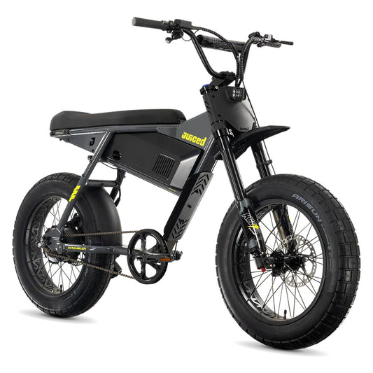 Juiced Scrambler Hardtail electric bike with single battery in Asphalt Lemonade color, side view on white background