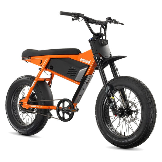 Orange Juiced Scrambler Hardtail electric bike with a single battery, side view, against a white background.