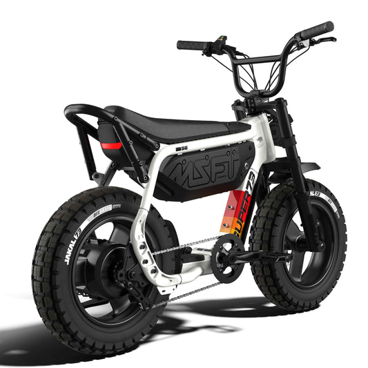Super73 MZFT SE eBike in Baja 4 color, side view, showcasing rugged tires and minimalist frame design
