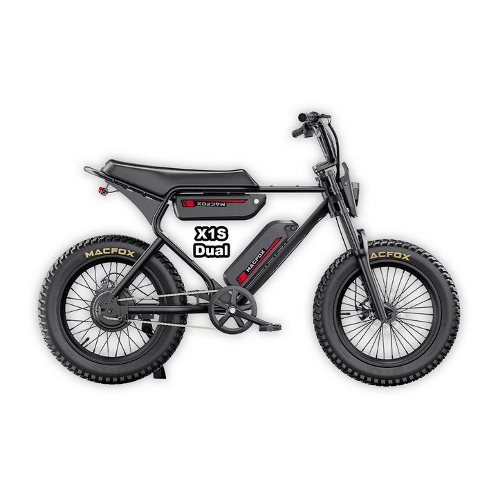 MACFOX X1S Commuter Electric e - Moto Style eBike - Step Over 500 w Electric Mini Fat Tire eBike - Moto Style Bike - Macfox - X1Sdual - eBike - Black - Box eBike Super Shop