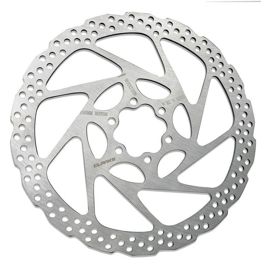 A 180mm bicycle disc brake rotor with multiple cutouts for heat dissipation and weight reduction, designed for improved braking performance.