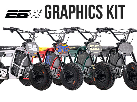 Stomp Ebox Dragster EBX 60R graphics kit displayed on a white background, showing colorful decals and stickers designed for the EBX 60R model.